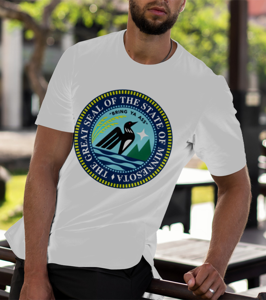 The Great Seal Of The State Of Minnesota Bring Ya Ass Black Bird Mountains Waves Star T-Shirt