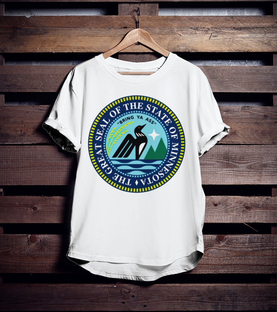 The Great Seal Of The State Of Minnesota Bring Ya Ass Black Bird Mountains Waves Star T-Shirt