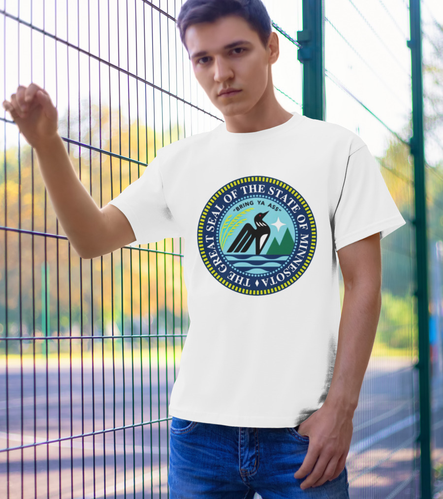 The Great Seal Of The State Of Minnesota Bring Ya Ass Black Bird Mountains Waves Star T-Shirt