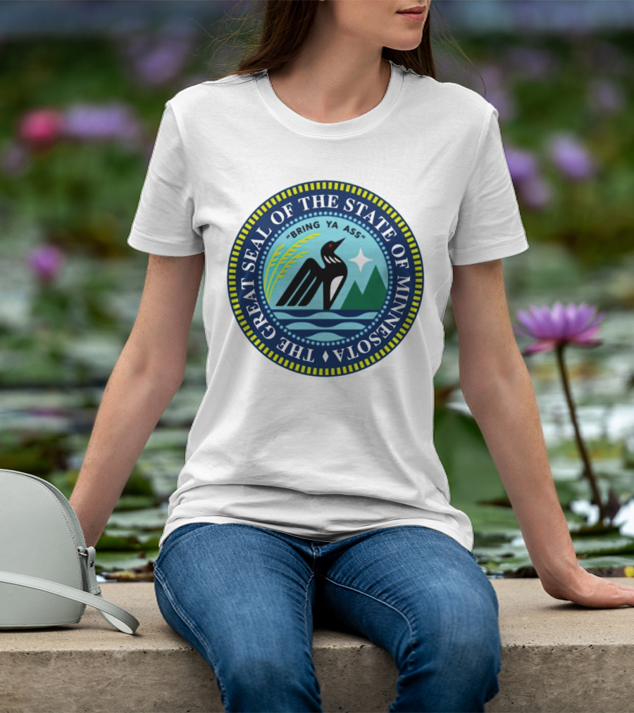 The Great Seal Of The State Of Minnesota Bring Ya Ass Black Bird Mountains Waves Star T-Shirt