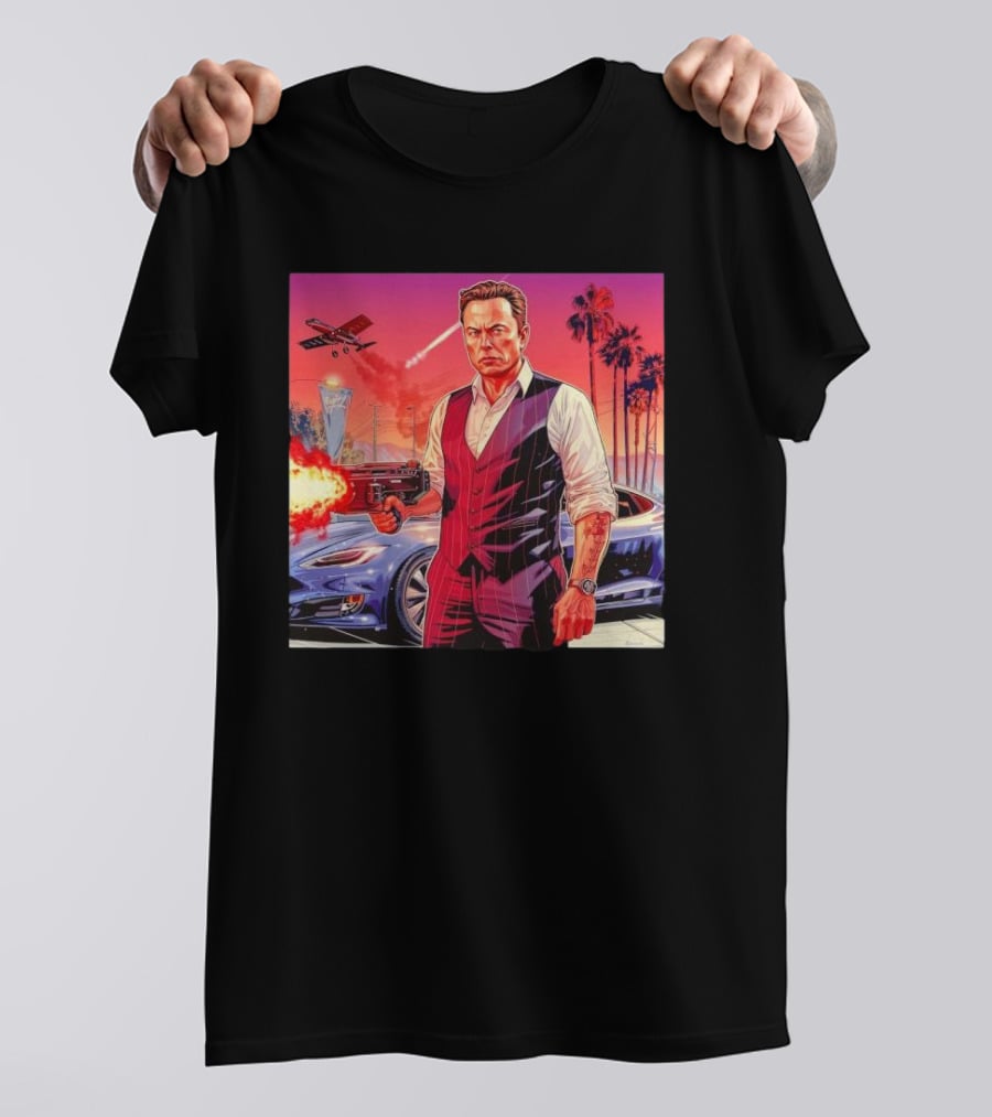 Grand Theft Auto Elon Musk Sunset Shootout With Palm Trees And Jetstream T-Shirt