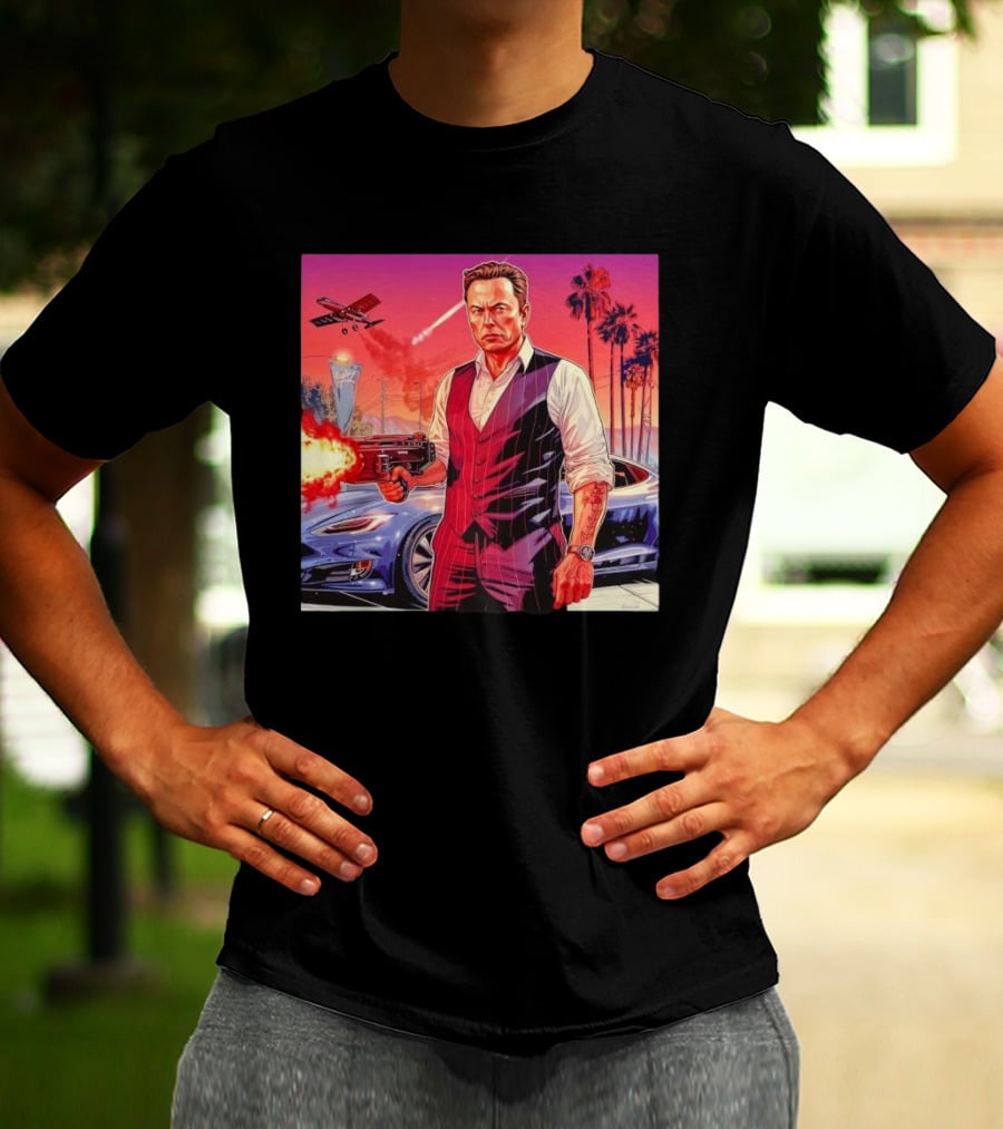 Grand Theft Auto Elon Musk Sunset Shootout With Palm Trees And Jetstream T-Shirt