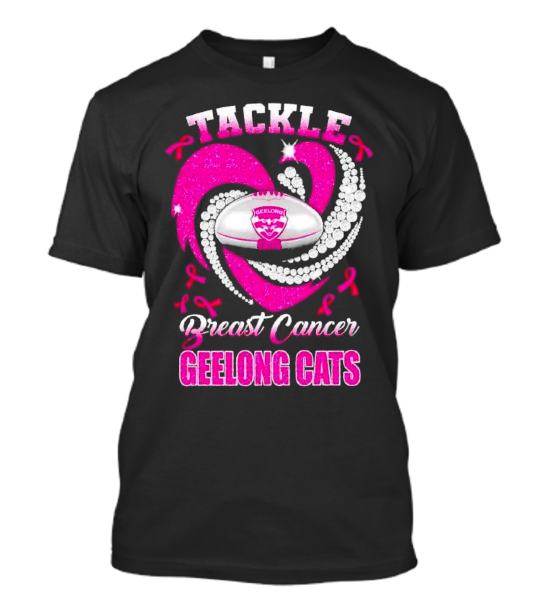 Tackle Breast Cancer Geelong Cats Pink Ribbon Football Heart T-Shirt