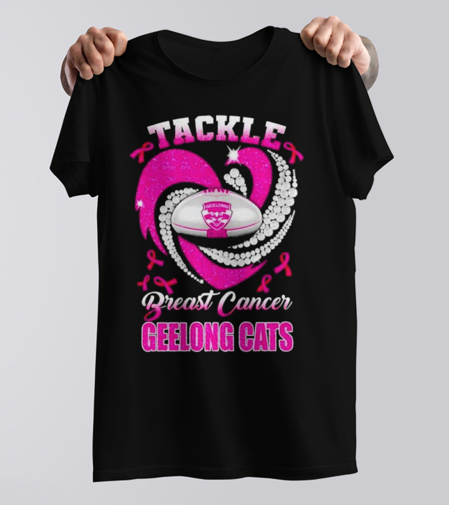 Tackle Breast Cancer Geelong Cats Pink Ribbon Football Heart T-Shirt