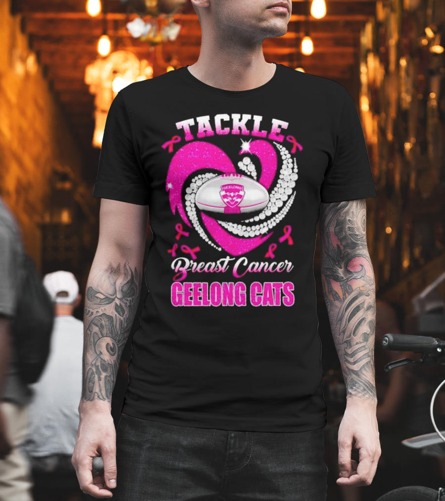 Tackle Breast Cancer Geelong Cats Pink Ribbon Football Heart T-Shirt