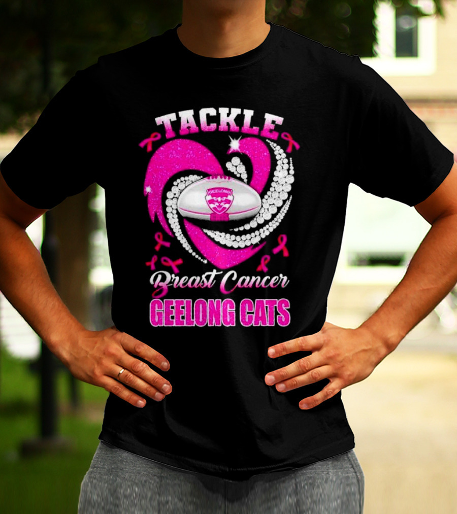 Tackle Breast Cancer Geelong Cats Pink Ribbon Football Heart T-Shirt
