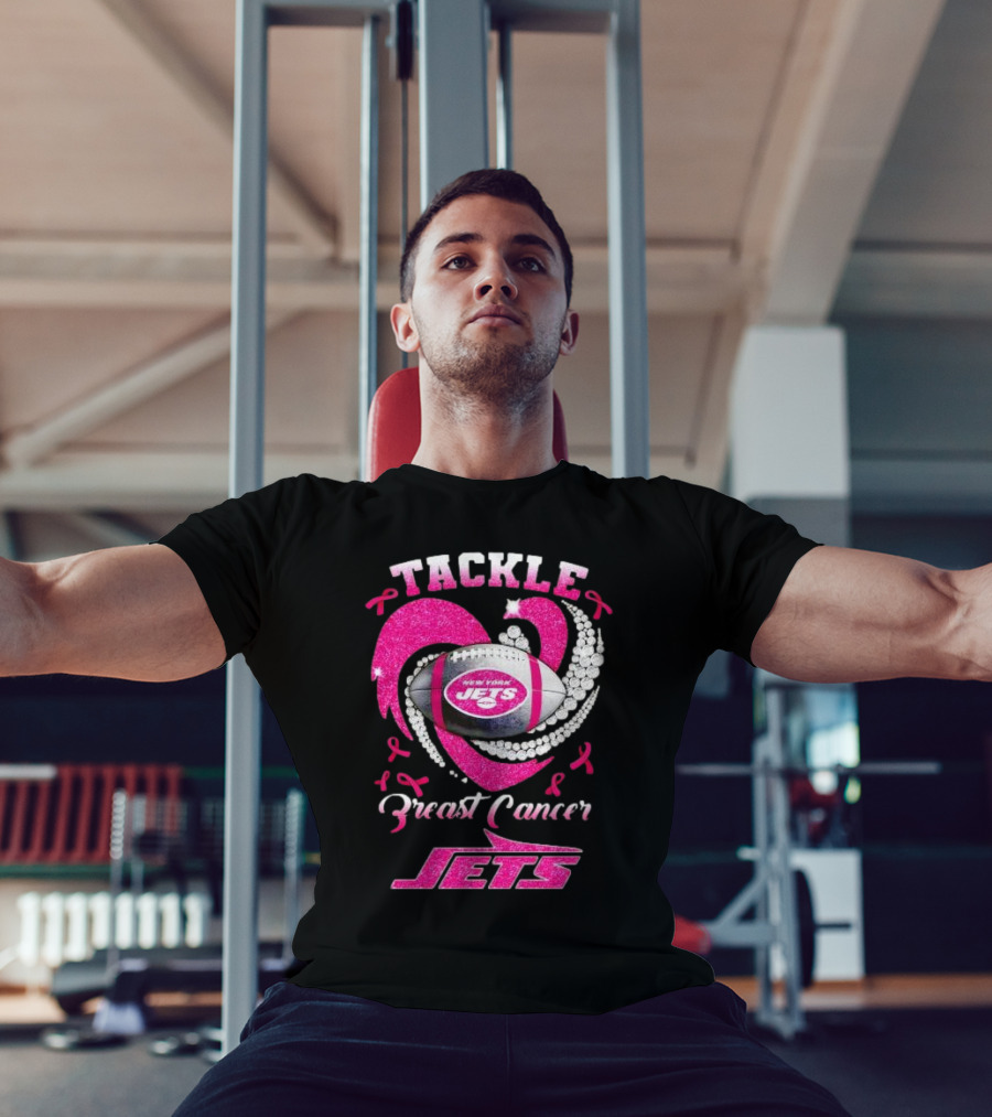 Tackle Breast Cancer New York Jets Football Heart Pink Ribbons T-Shirt