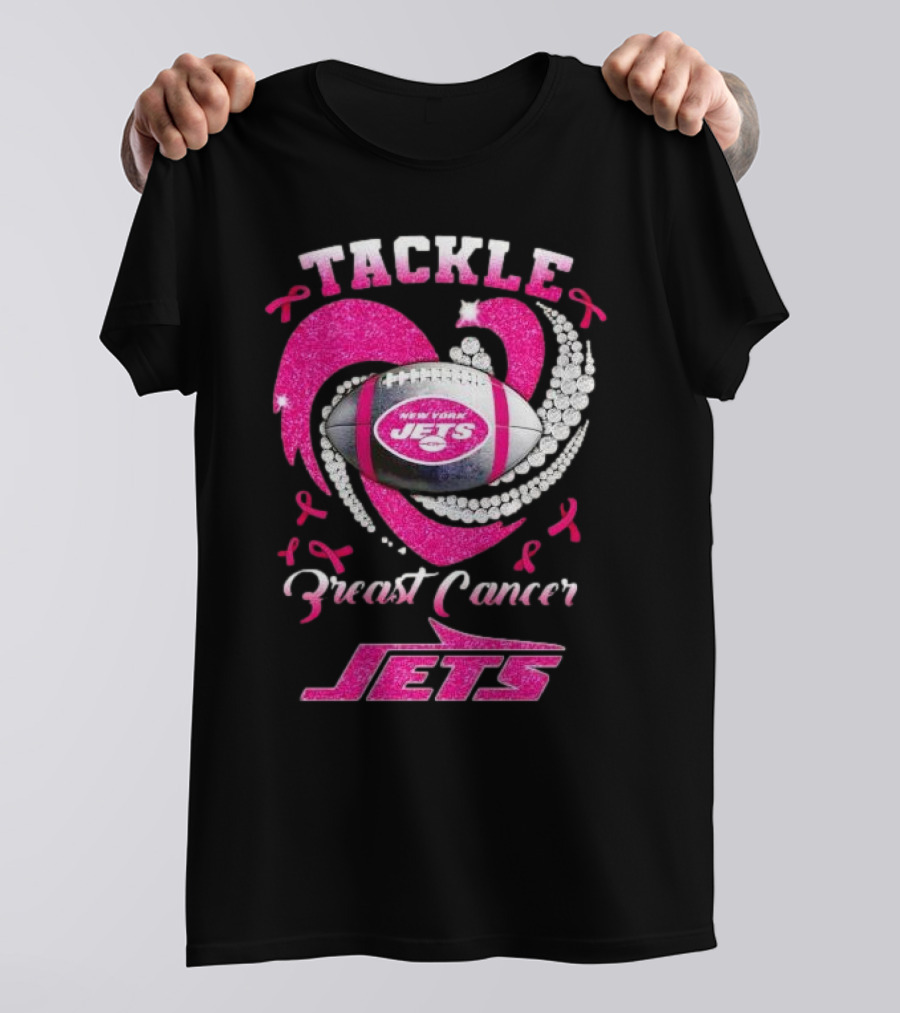 Tackle Breast Cancer New York Jets Football Heart Pink Ribbons T-Shirt