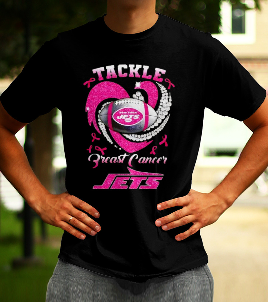 Tackle Breast Cancer New York Jets Football Heart Pink Ribbons T-Shirt