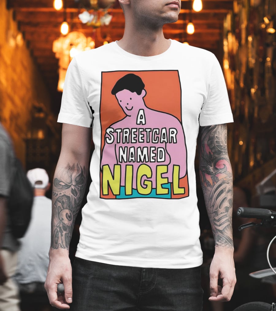 A Streetcar Named Nigel Pink Cartoon Character With Orange Background T-Shirt