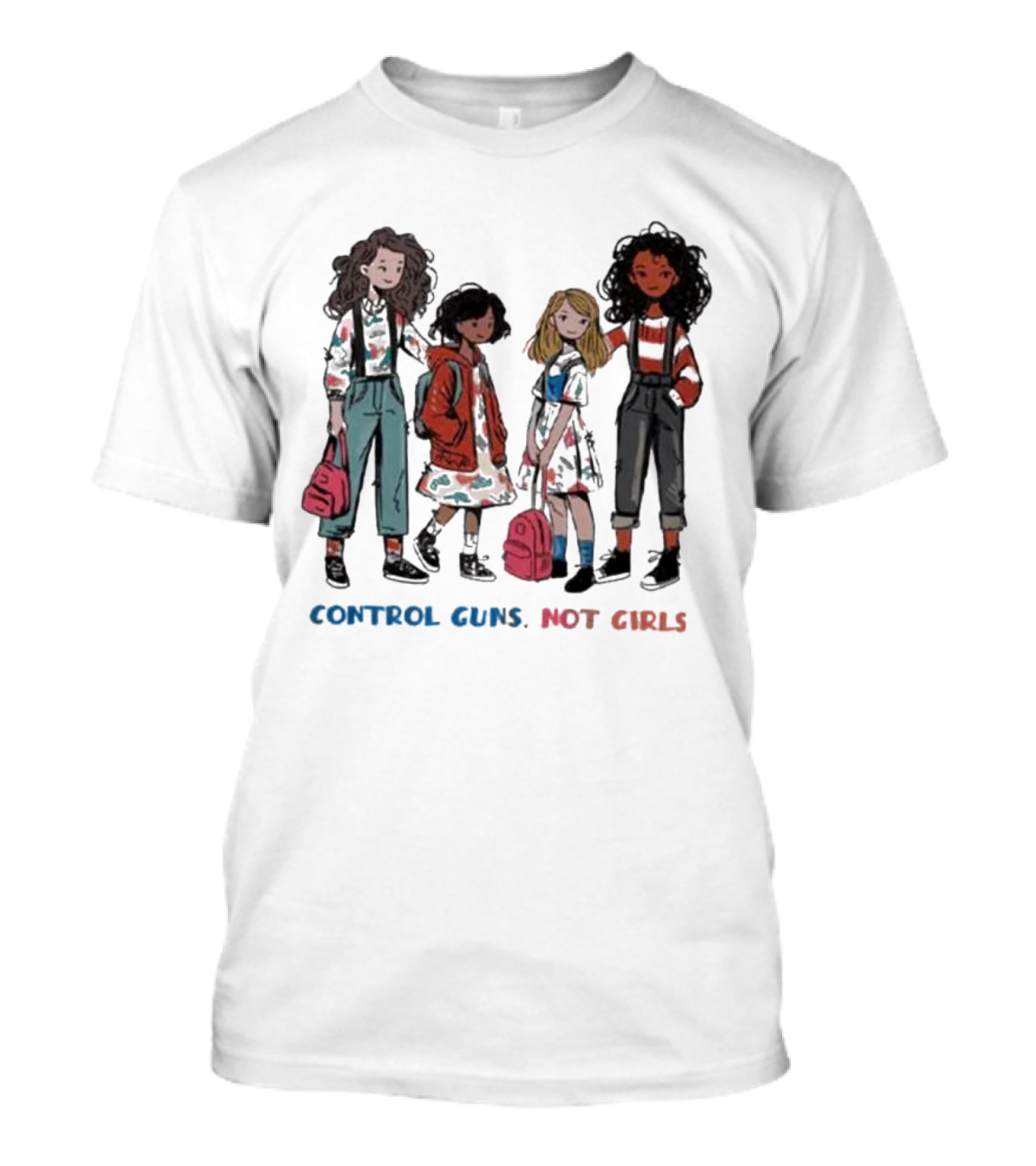 CONTROL GUNS NOT GIRLS WITH FOUR DIVERSE GIRLS HOLDING BACKPACKS T-Shirt