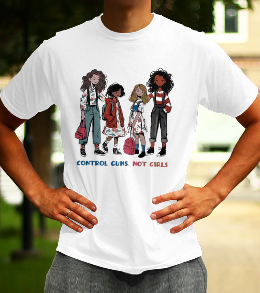 CONTROL GUNS NOT GIRLS WITH FOUR DIVERSE GIRLS HOLDING BACKPACKS T-Shirt