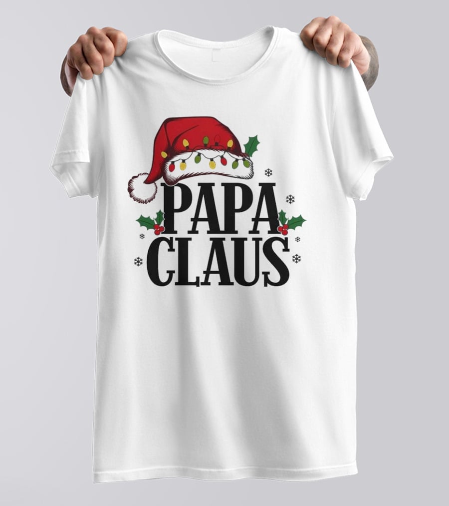 Papa Claus Christmas Santa Hat Holly Lights Snowflakes T-Shirt