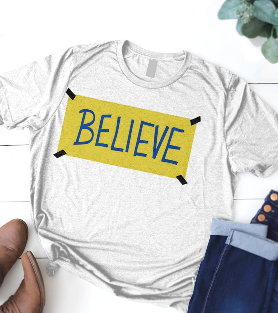 Ted Lasso Believe Sign Taped Yellow Background T-Shirt