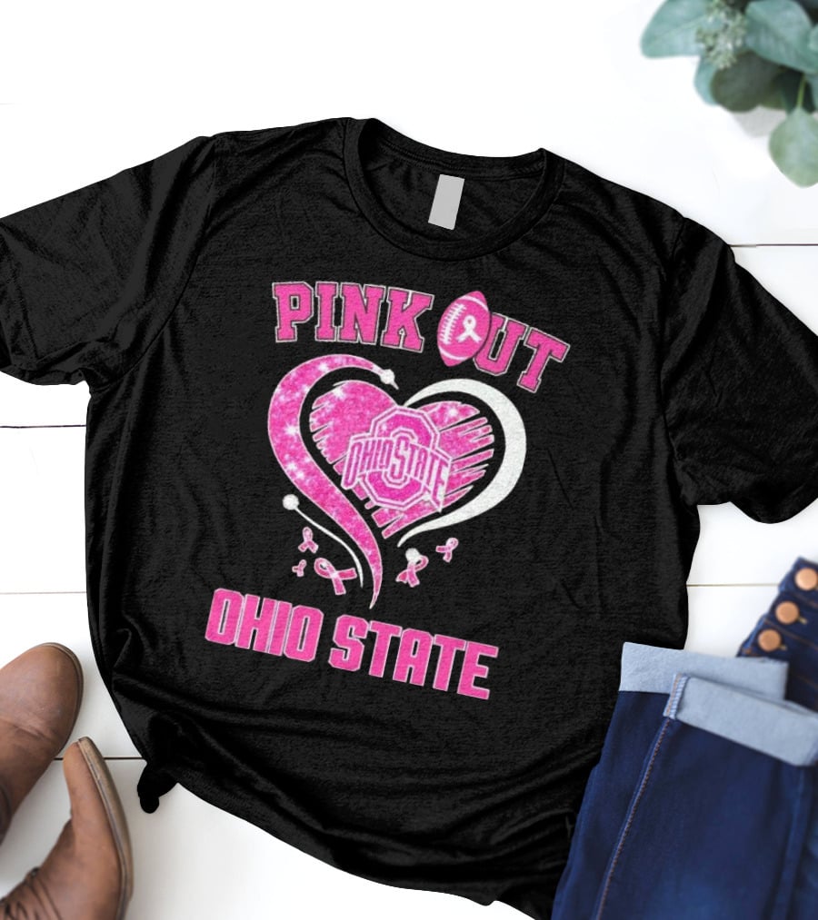 Ohio State Pink Out Breast Cancer Heart Football T-Shirt