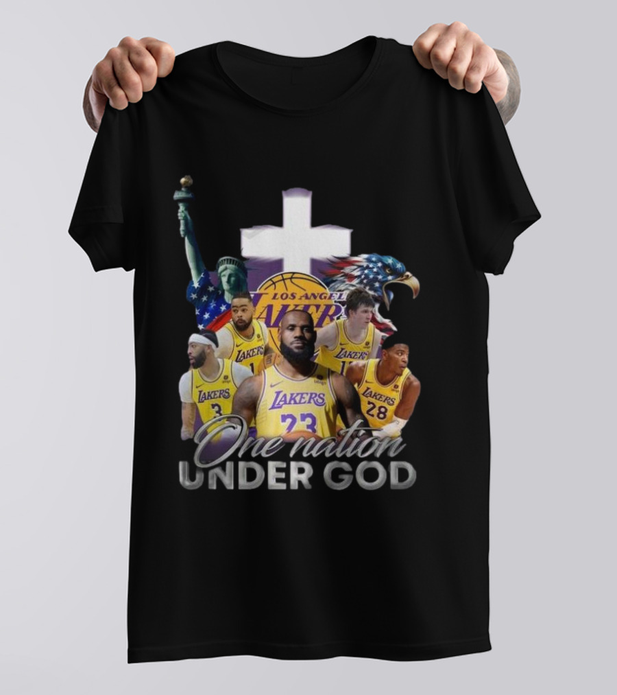 Los Angeles Lakers One Nation Under God Statue Of Liberty Cross Eagle Basketball Players T-Shirt