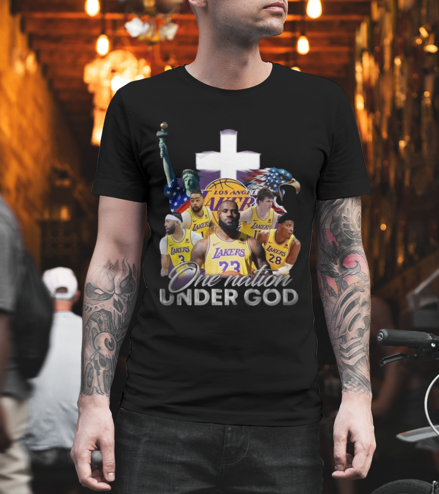 Los Angeles Lakers One Nation Under God Statue Of Liberty Cross Eagle Basketball Players T-Shirt