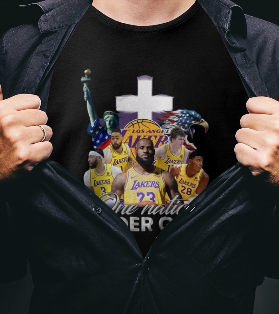 Los Angeles Lakers One Nation Under God Statue Of Liberty Cross Eagle Basketball Players T-Shirt