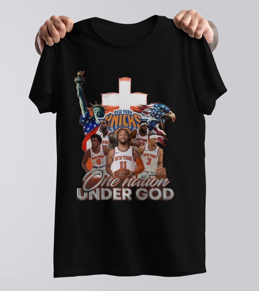 New York Knicks One Nation Under God Statue Of Liberty American Eagle Basketball Players T-Shirt