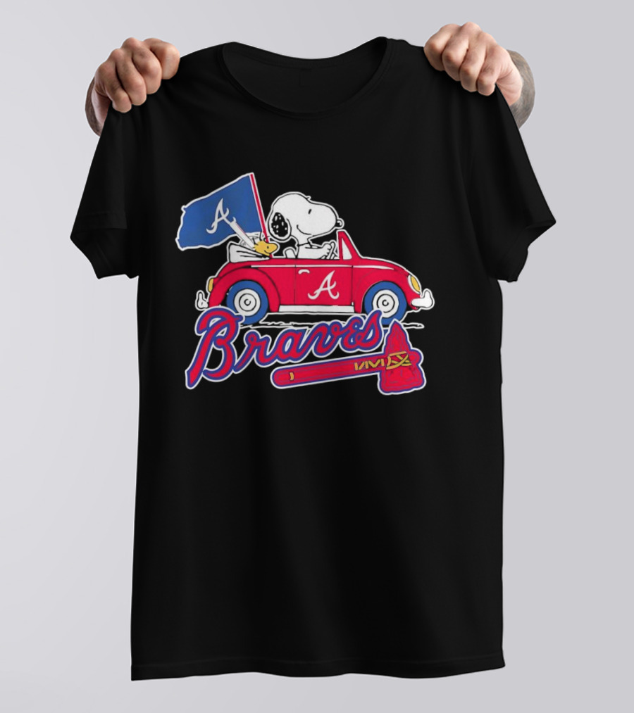 Snoopy And Woodstock Driving Car Atlanta Braves Logo Peanuts Cartoon T-Shirt