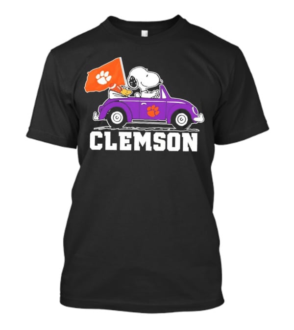 Snoopy And Woodstock In Purple Car With Clemson Flag T-Shirt