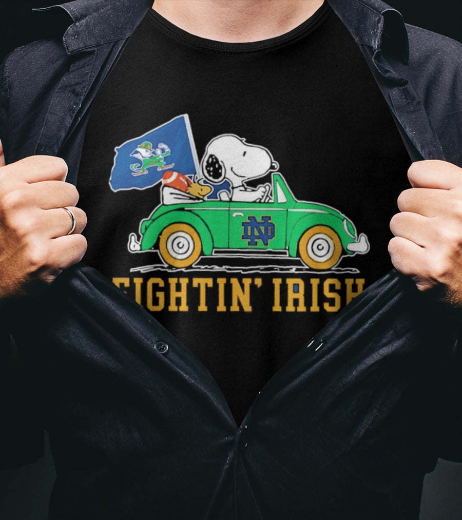 Snoopy And Woodstock Driving ND Car Fightin' Irish T-Shirt