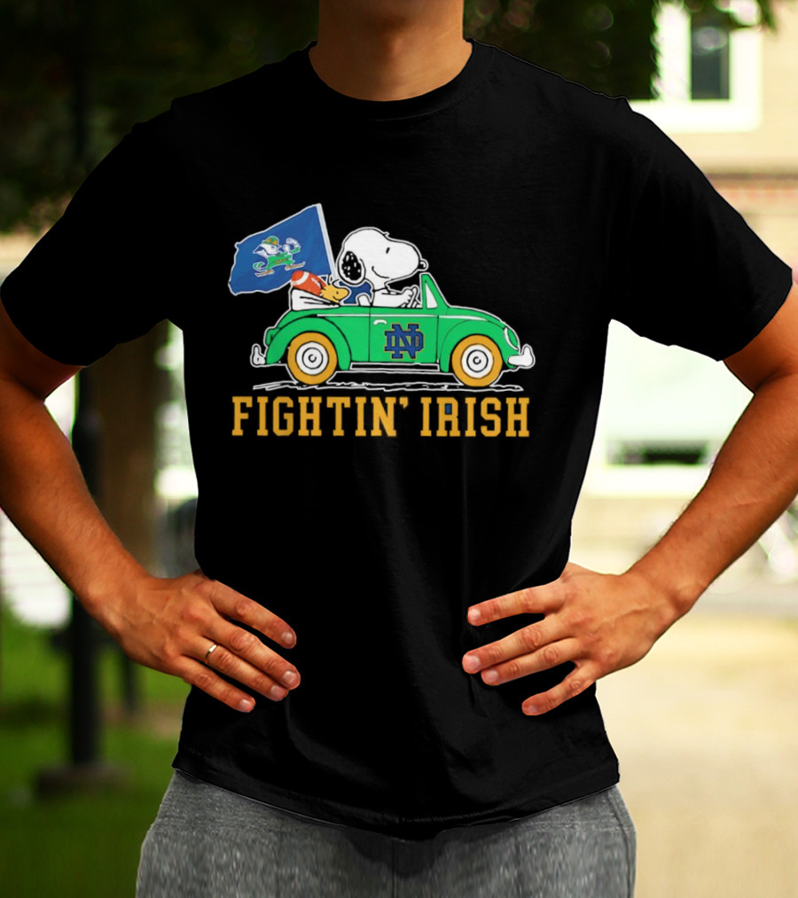 Snoopy And Woodstock Driving ND Car Fightin' Irish T-Shirt