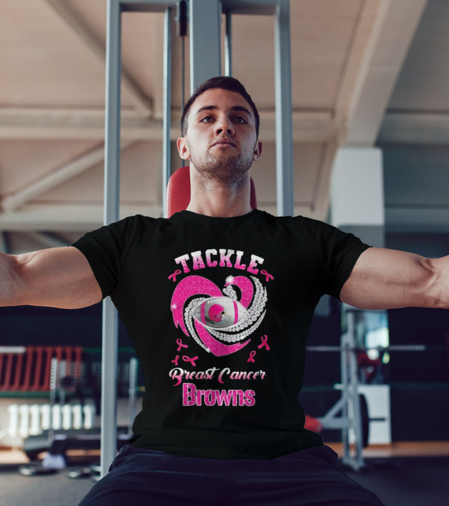 Tackle Breast Cancer Browns Pink Ribbon Football T-Shirt