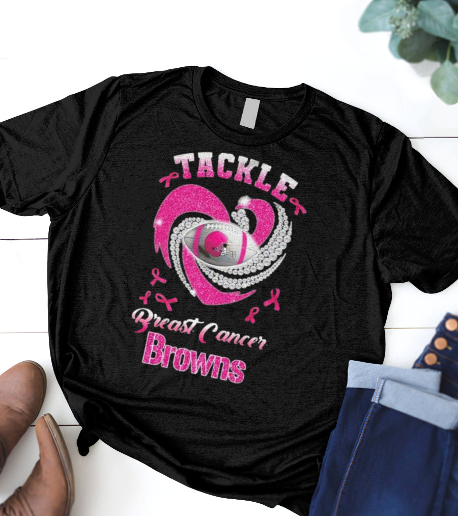 Tackle Breast Cancer Browns Pink Ribbon Football T-Shirt