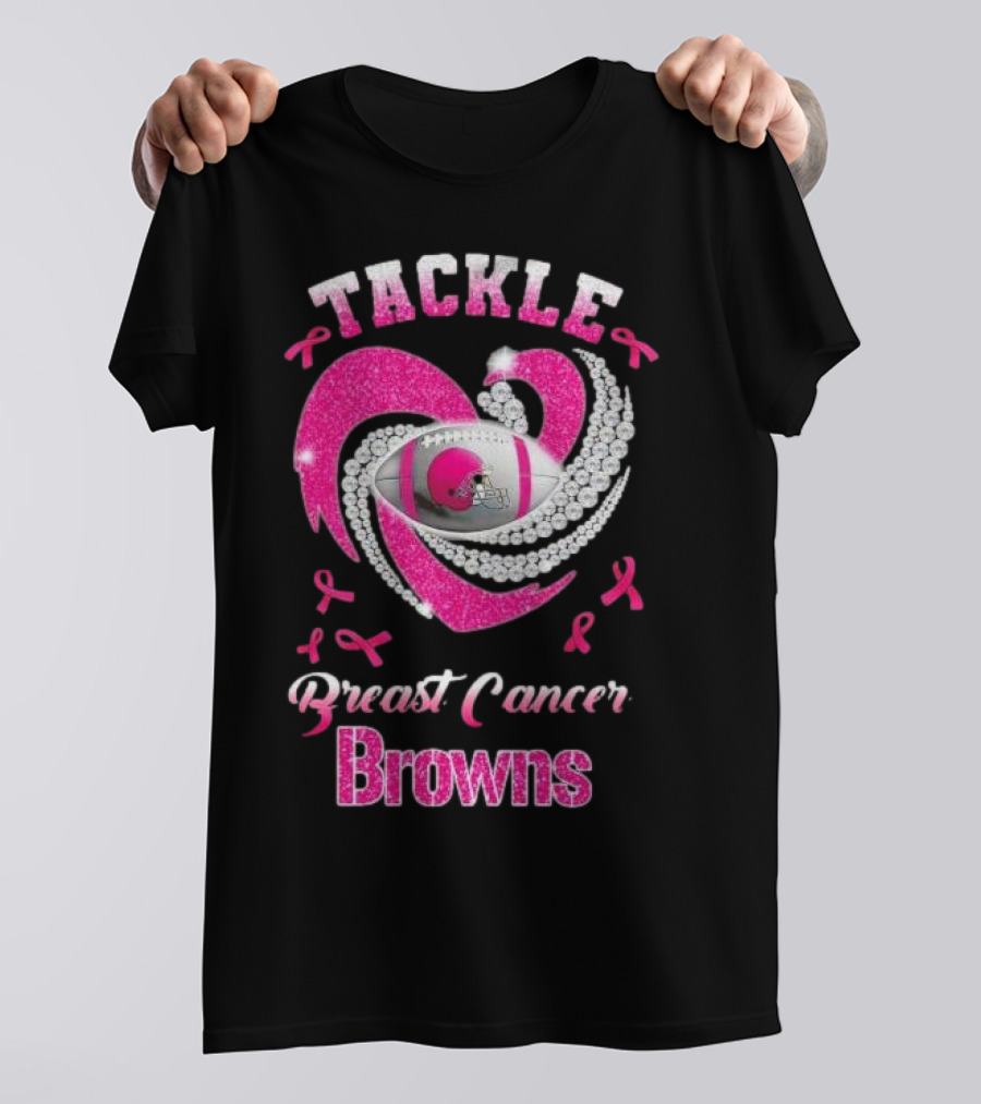 Tackle Breast Cancer Browns Pink Ribbon Football T-Shirt