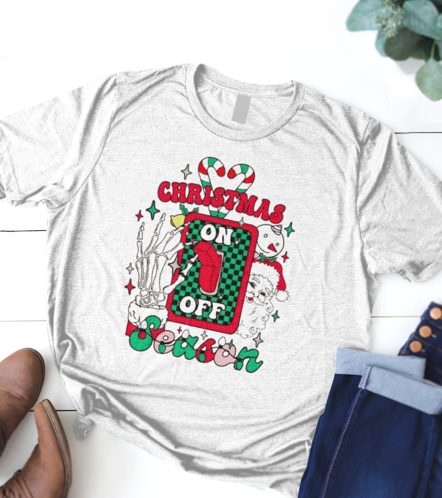 Christmas Season On Off Skeleton Hand Santa Claus T-Shirt
