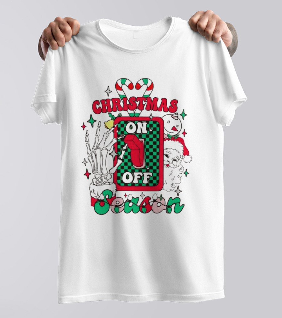Christmas Season On Off Skeleton Hand Santa Claus T-Shirt