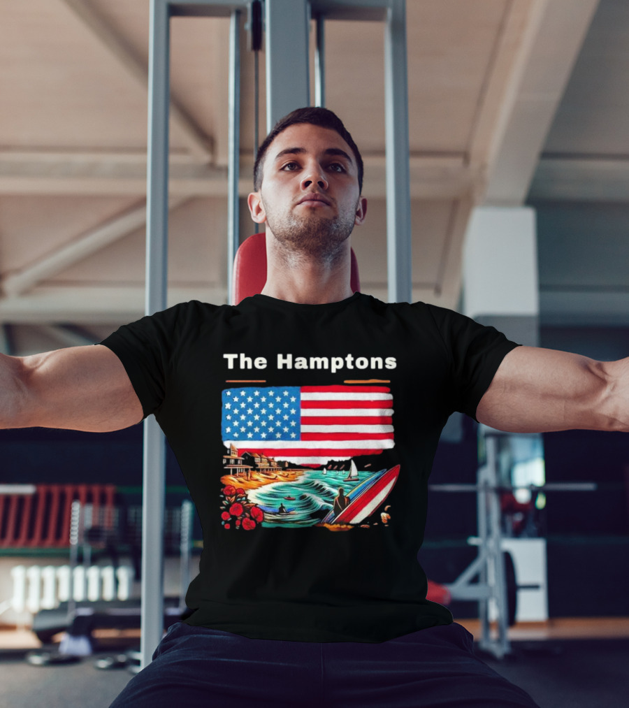The Hamptons American Flag Beach Oceanside Surfing Scene T-Shirt
