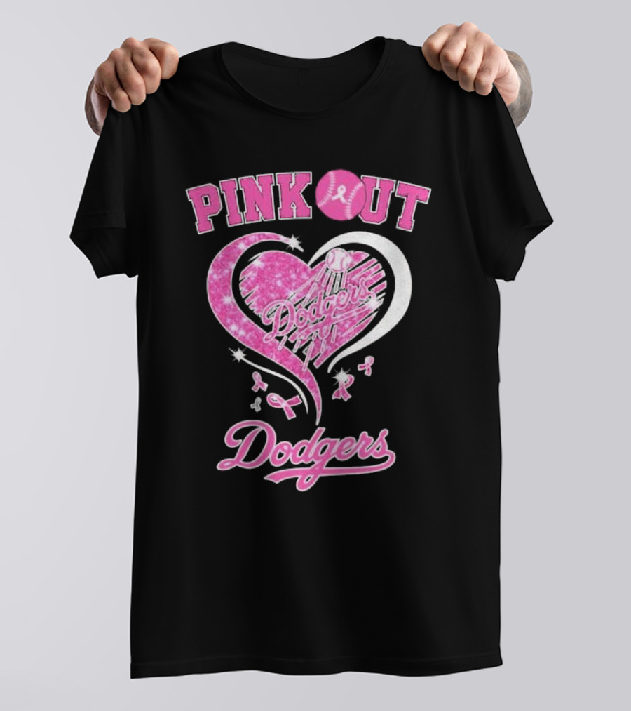Pink Out Dodgers Heart Breast Cancer Los Angeles T-Shirt