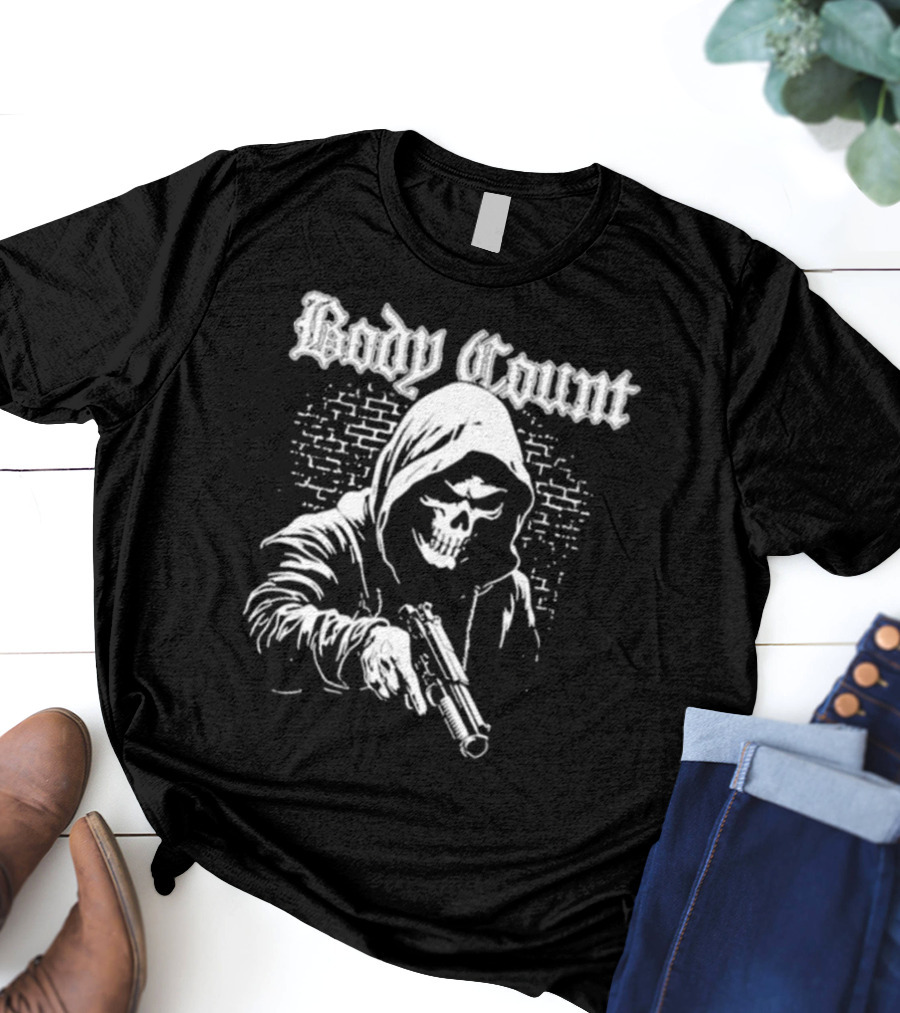 Body Count Hooded Skull With Gun Brick Wall Background T-Shirt