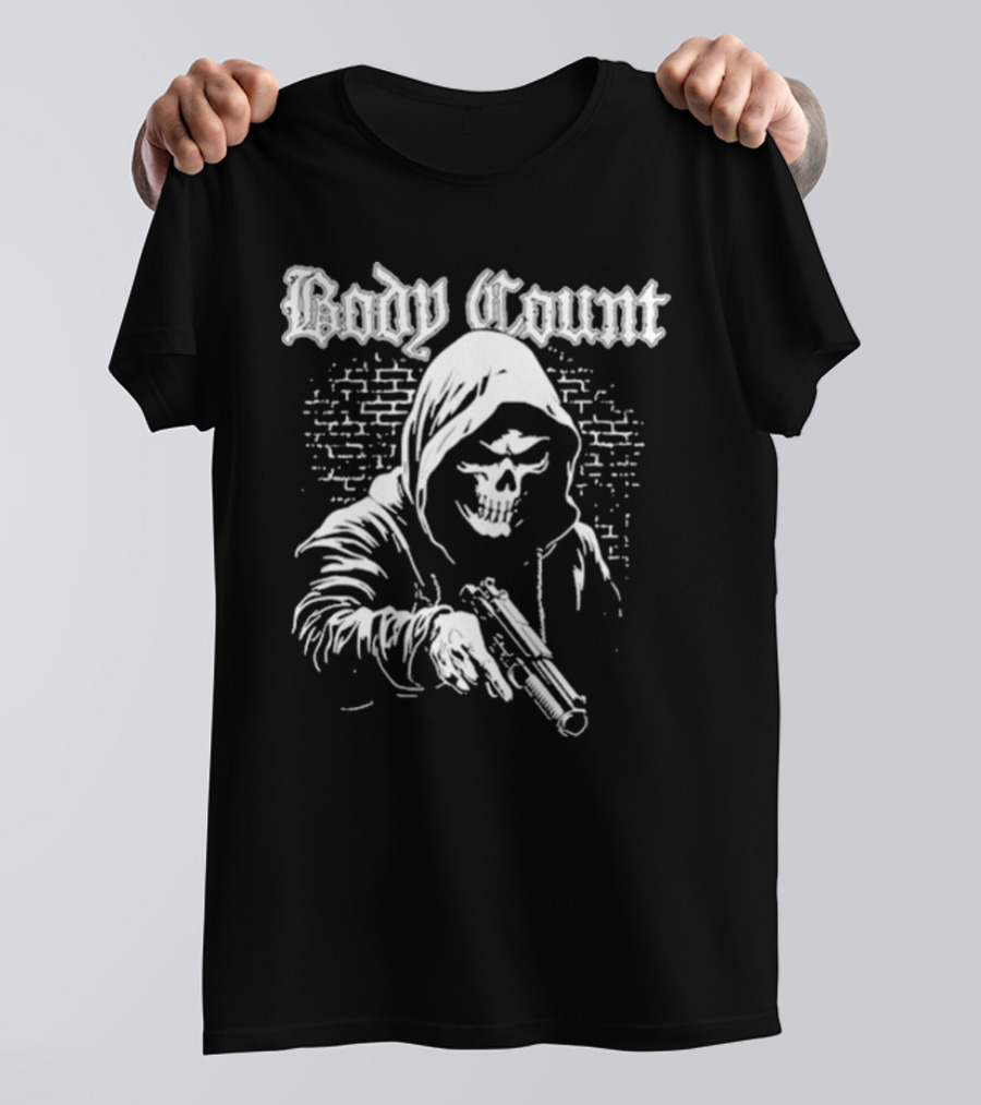 Body Count Hooded Skull With Gun Brick Wall Background T-Shirt