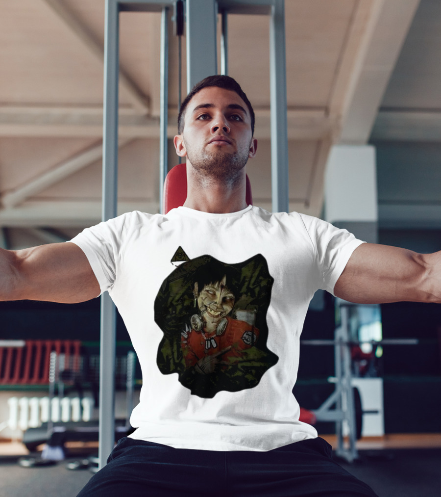 MG Ultra Kid Smiling Masked Figure With Red Outfit And Gas Mask Elements T-Shirt