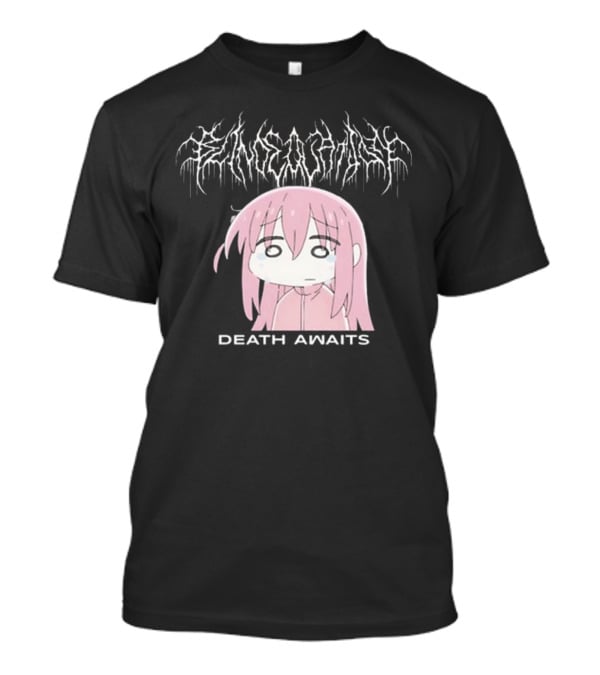 Bejalvin Death Awaits Pink Anime Character With Metal Band Style Lettering T-Shirt