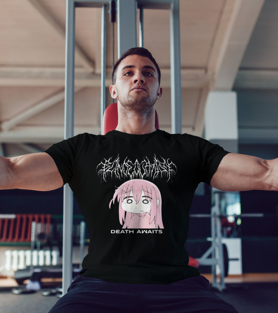 Bejalvin Death Awaits Pink Anime Character With Metal Band Style Lettering T-Shirt