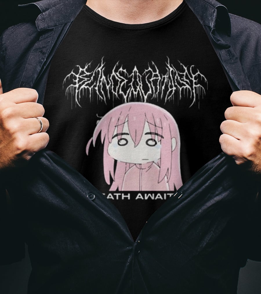 Bejalvin Death Awaits Pink Anime Character With Metal Band Style Lettering T-Shirt