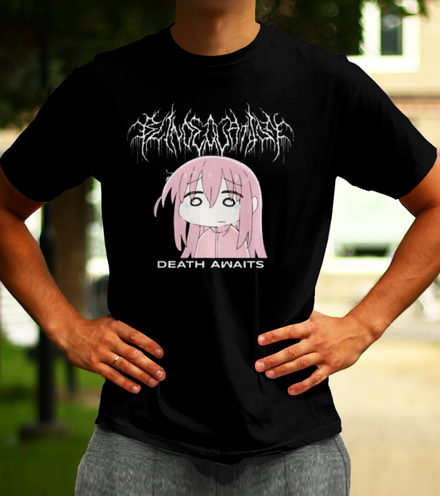 Bejalvin Death Awaits Pink Anime Character With Metal Band Style Lettering T-Shirt