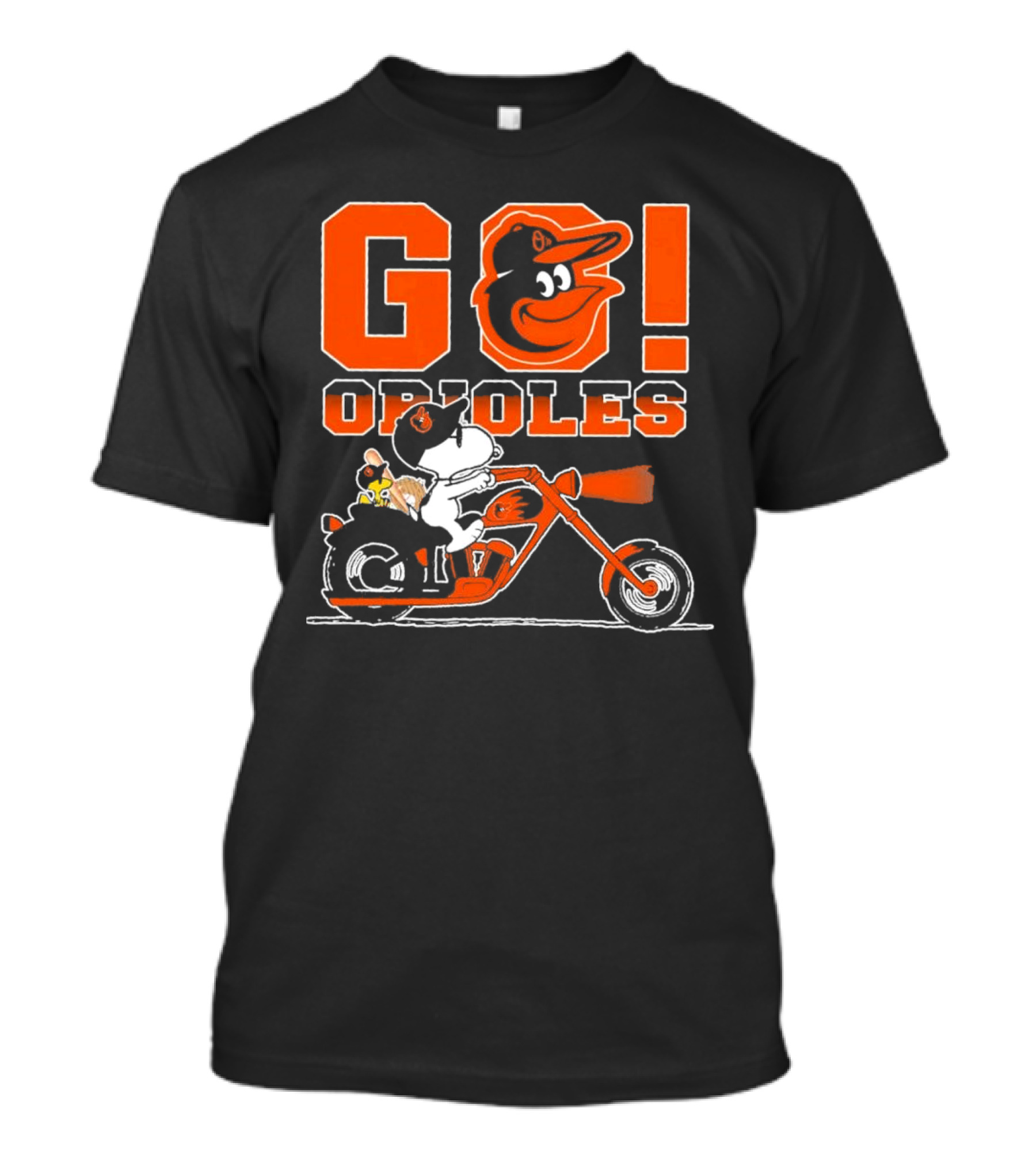 Baltimore Orioles Snoopy And Woodstock Ride Motorcycle Go Orioles T-Shirt