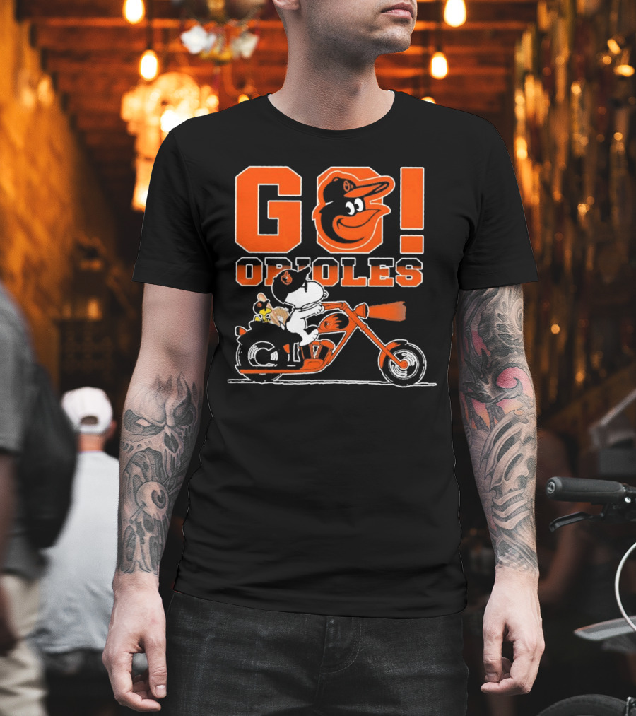 Baltimore Orioles Snoopy And Woodstock Ride Motorcycle Go Orioles T-Shirt
