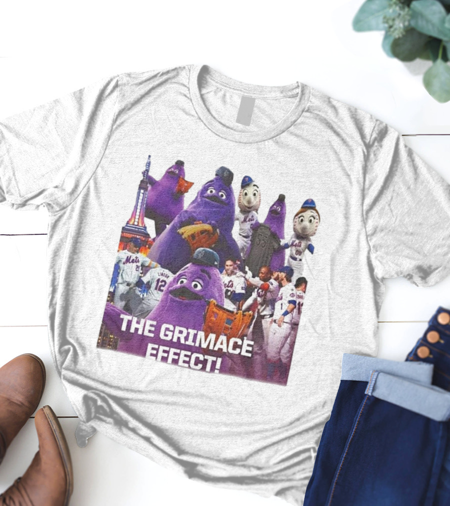 New York Mets The Grimace Effect Baseball Collaboration With Mascot Imagery And Player Interaction T-Shirt