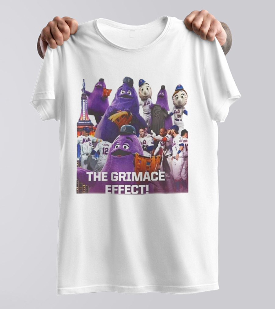 New York Mets The Grimace Effect Baseball Collaboration With Mascot Imagery And Player Interaction T-Shirt