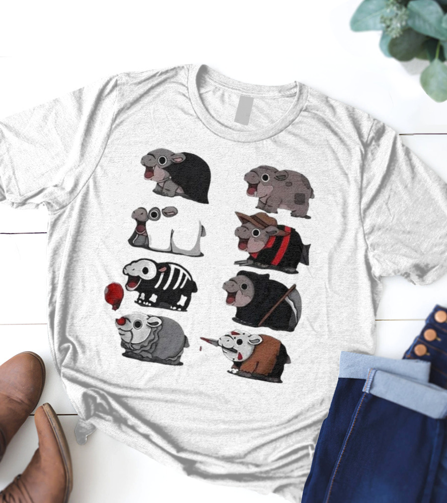 Scary Hippo Moo Deng In Horror Iconic Film Characters T-Shirt