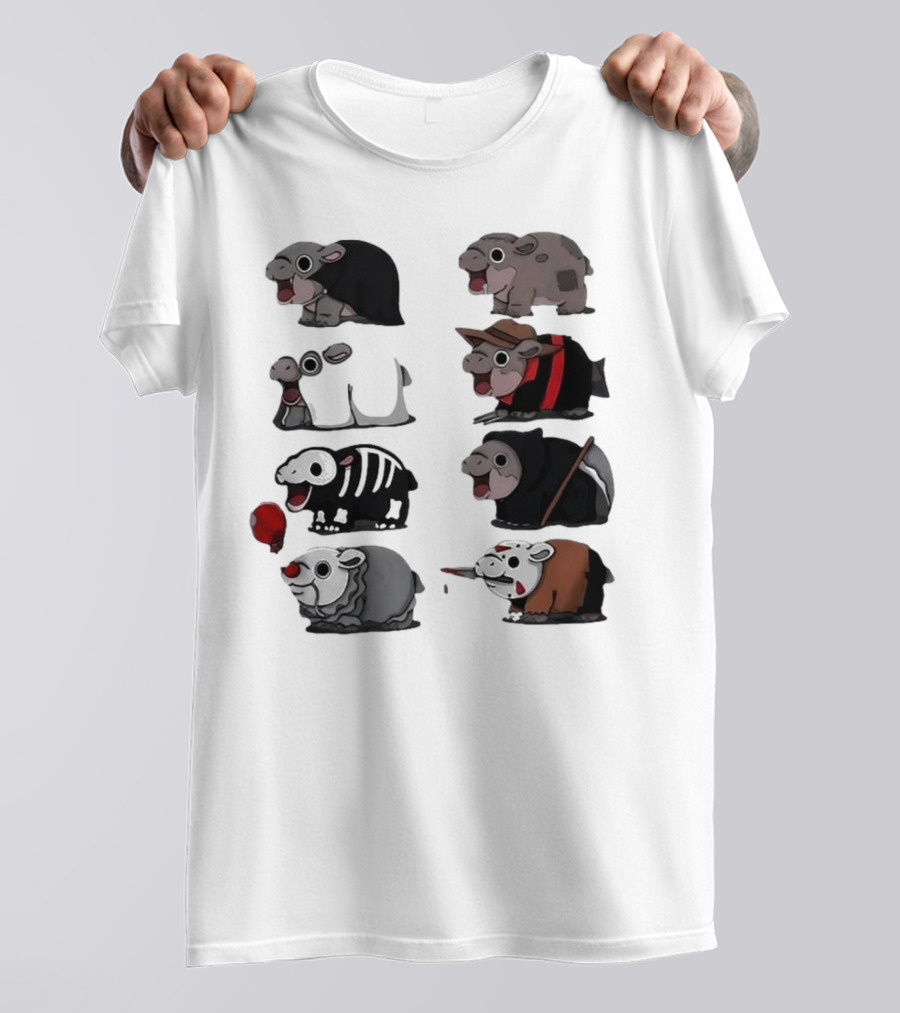 Scary Hippo Moo Deng In Horror Iconic Film Characters T-Shirt