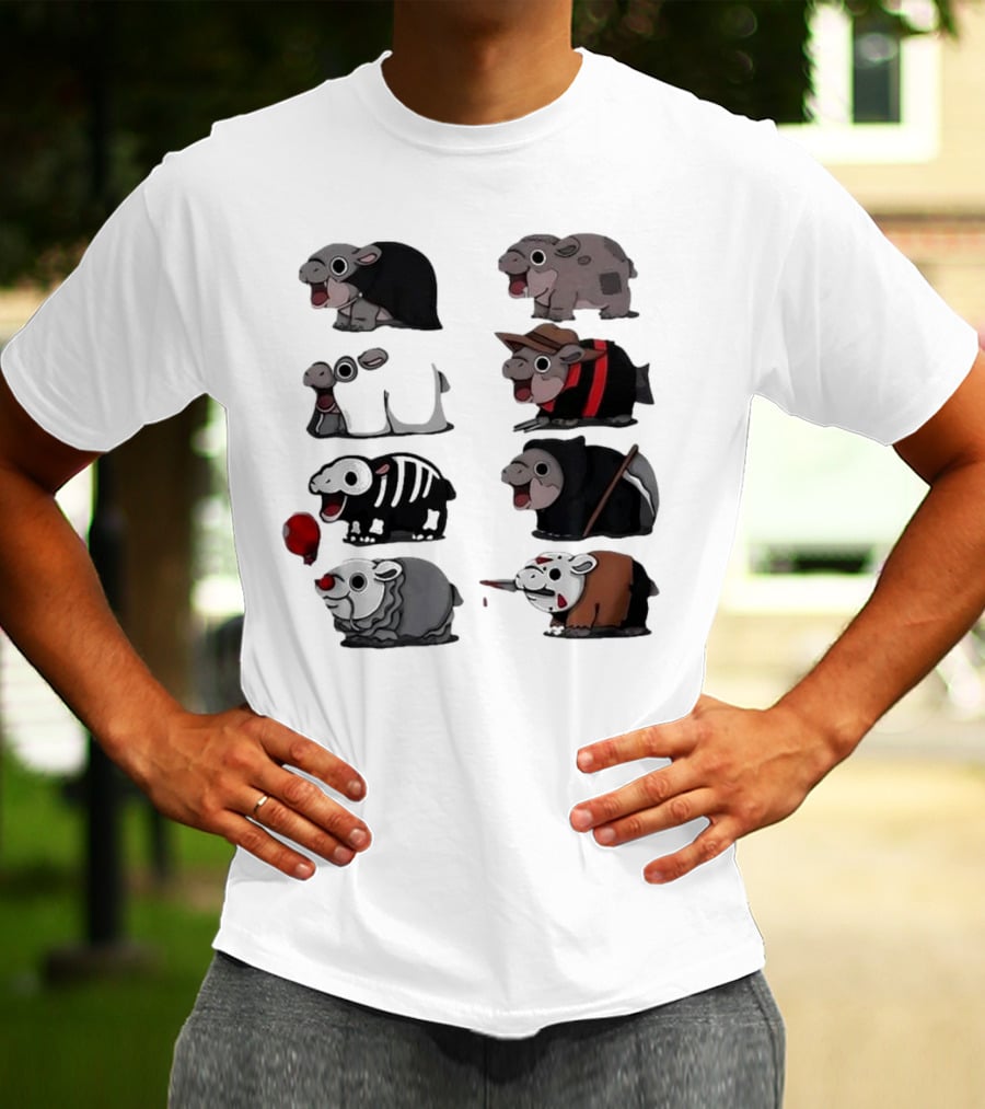 Scary Hippo Moo Deng In Horror Iconic Film Characters T-Shirt