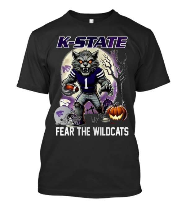 K-State Wildcats Halloween Football Fear The Wildcats With Ferocious Wolf And Pumpkin T-Shirt