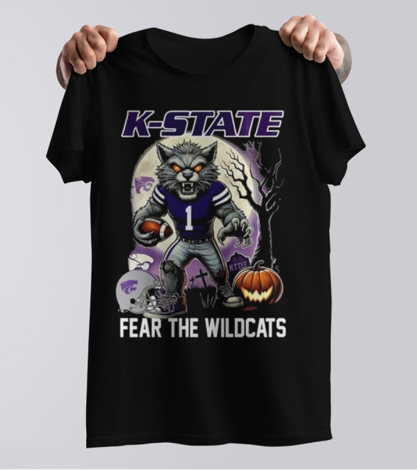 K-State Wildcats Halloween Football Fear The Wildcats With Ferocious Wolf And Pumpkin T-Shirt